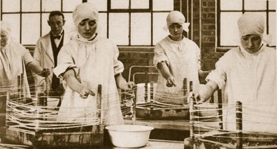Lengths of cat-gut being prepared by English Photographer